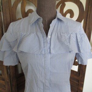 SOLD! Halogen Blue White Stripe Ruffle Short Sleeve Button Blouse - S / M